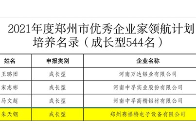 郑州市优秀企业家领航计划培养名录公示，金年会 金字招牌诚信至上董事长朱天钢入选！